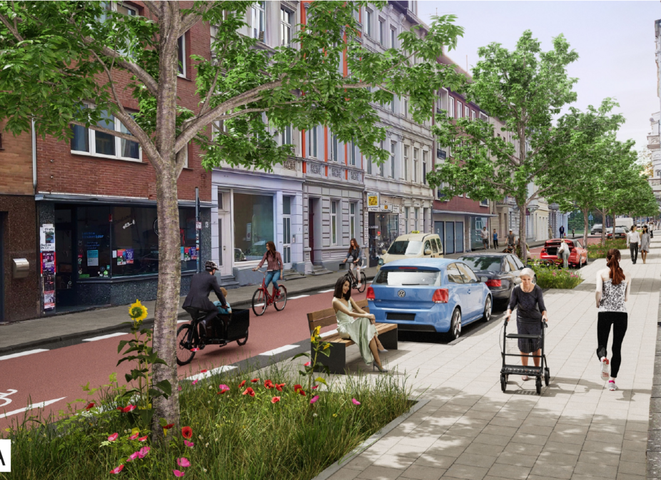 Variante A des Planungsbeschluss Lochnerstraße Variante A der neu geplanten Lochnerstraße. Die Nebenanlage enthält Parkplätze für im Bild vier geparkte Kfz und eine Ladezone.