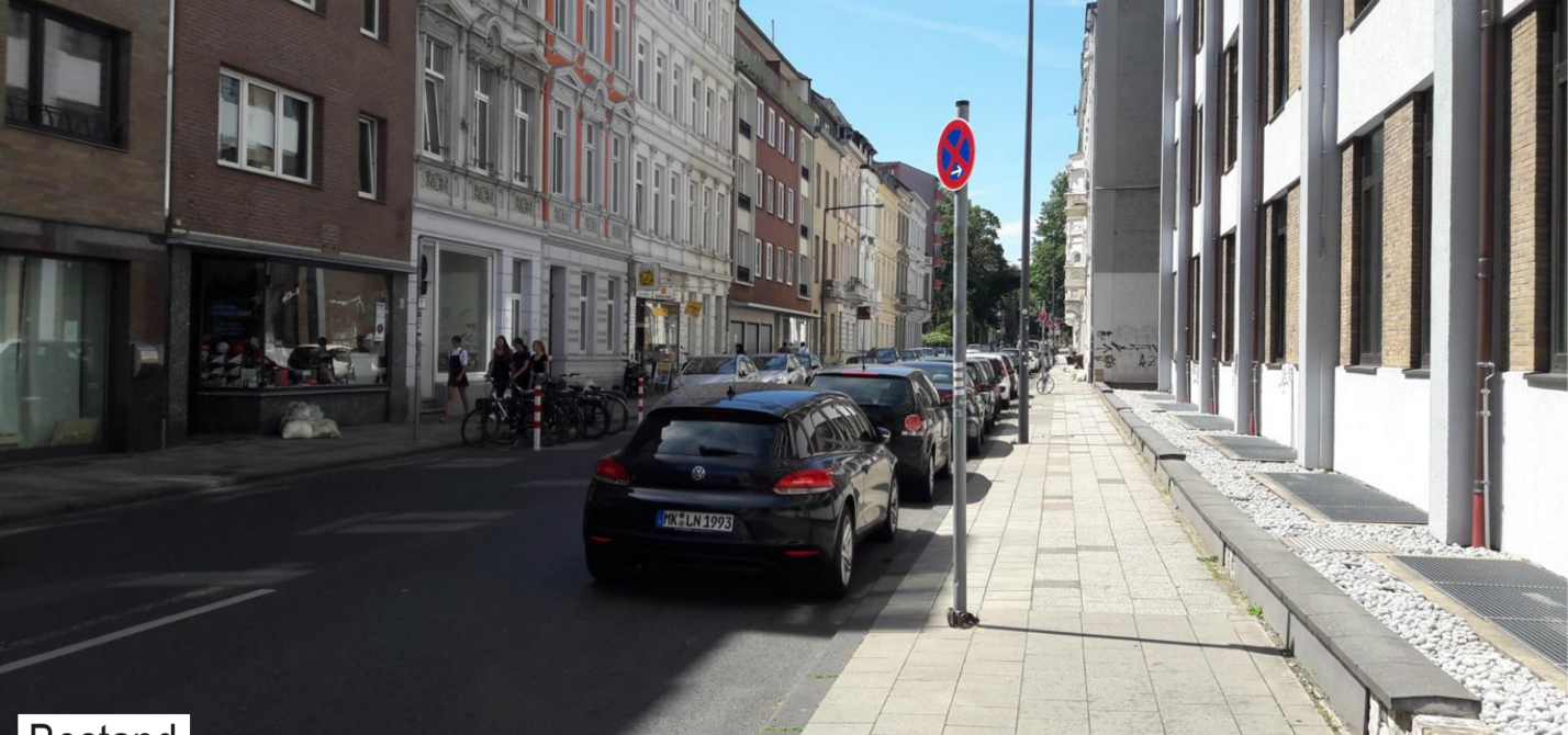 Status Quo Lochnerstraße Der Status Quo der Lochnerstraße. Beidseitig sind Kfz geparkt, wodurch nur wenig freie Fahrbahnbreite bleibt.