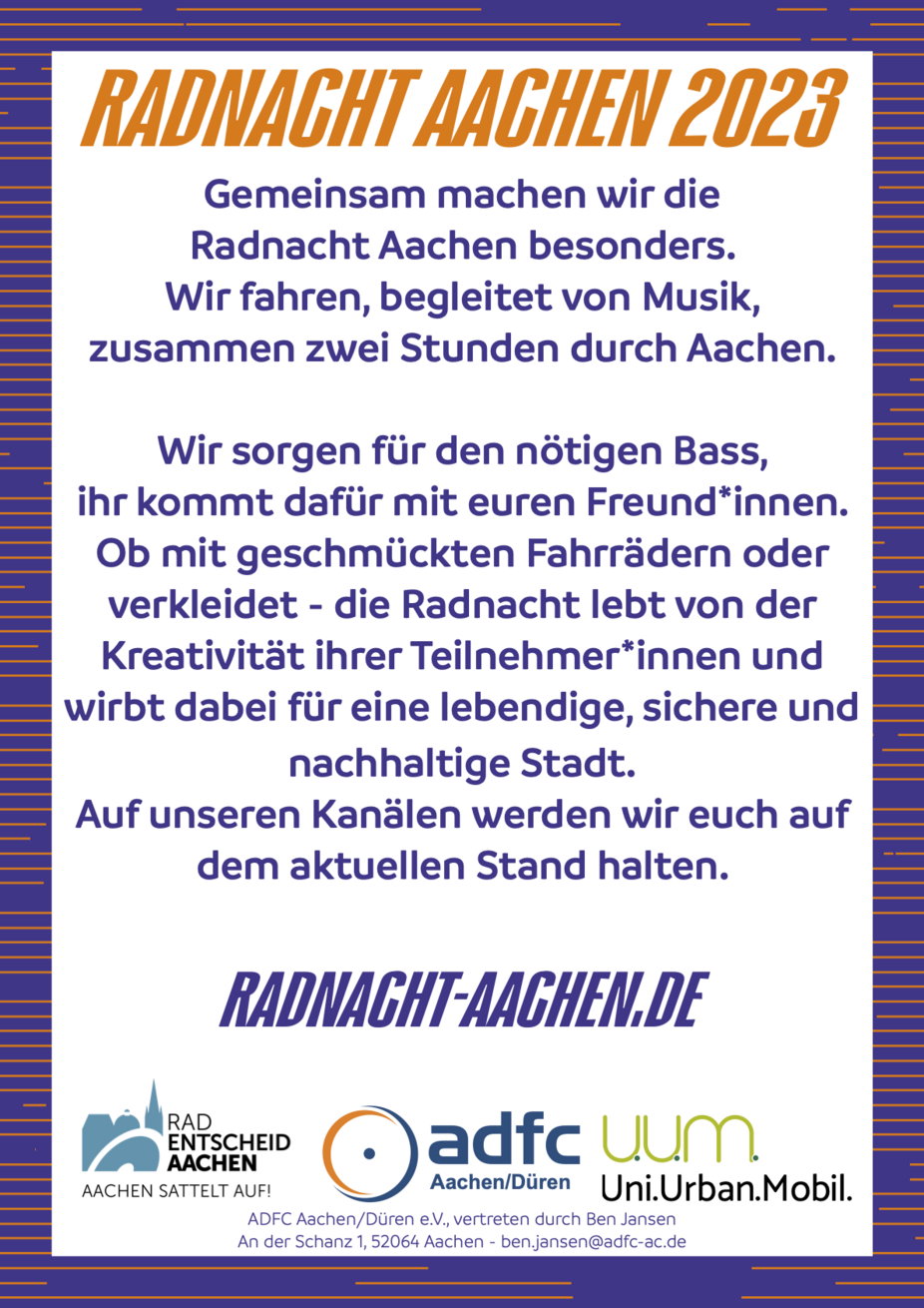 Plakat und Rückseite Flyer Radnacht Aachen 2023 Plakat und Rückseite Flyer Radnacht Aachen 2023
