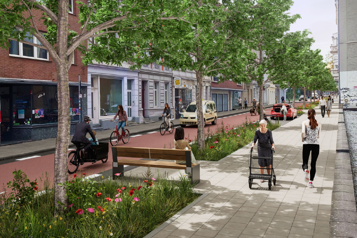 Variante A der neu geplanten Lochnerstraße. Die Nebenanlage enthält keine Parkplätze, aber eine Ladezone. Auf der durch die entfernten Parkplätze freigewordenen Flächen wurden zusätzliche Bäume gepflanzt.