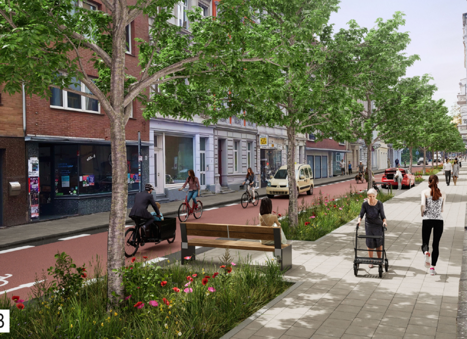 Variante B des Planungsbeschluss Lochnerstraße Variante A der neu geplanten Lochnerstraße. Die Nebenanlage enthält keine Parkplätze, aber eine Ladezone. Auf der durch die entfernten Parkplätze freigewordenen Flächen wurden zusätzliche Bäume gepflanzt.