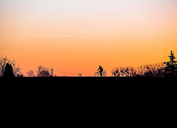 Eine*e Fahrradfahrer*in fährt vor der auf- oder untergehenden Sonne