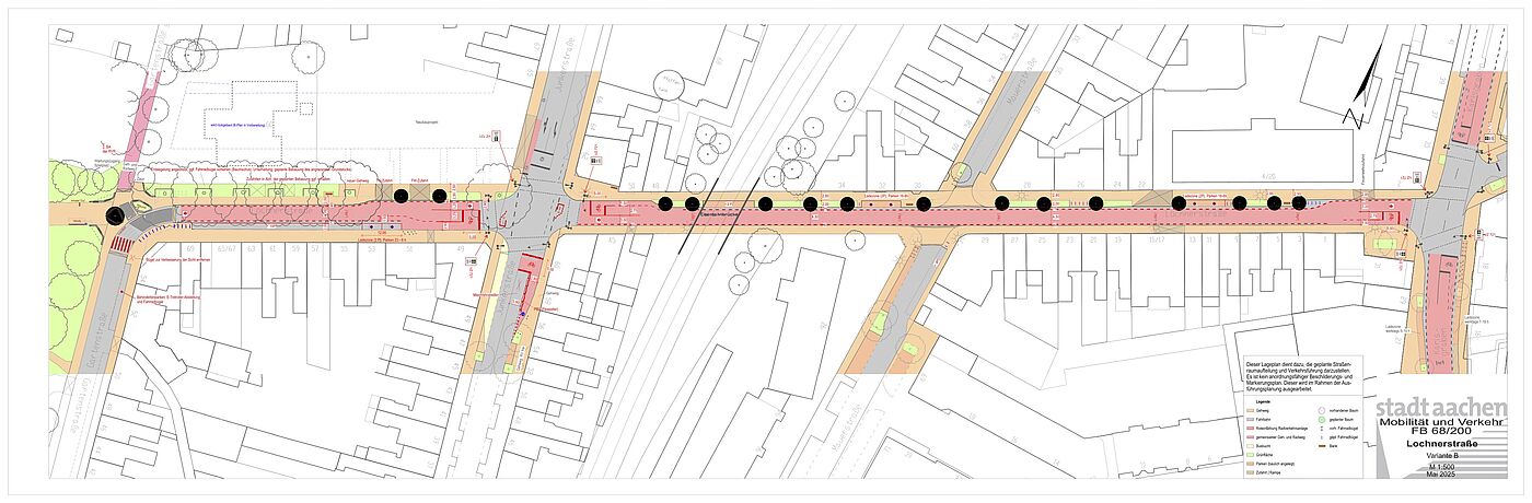 Lageplan der Variante B von der Planung zur Lochnerstraße. Hier liegt der Fokus auf mehr Grünflächen zur Versickerung z.B. bei Starkregen