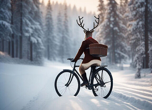 Bild erzeugt mit künstlicher Intelligenz: Ein Rentier auf einem Fahrrad in einem winterlich verschneiten Wald