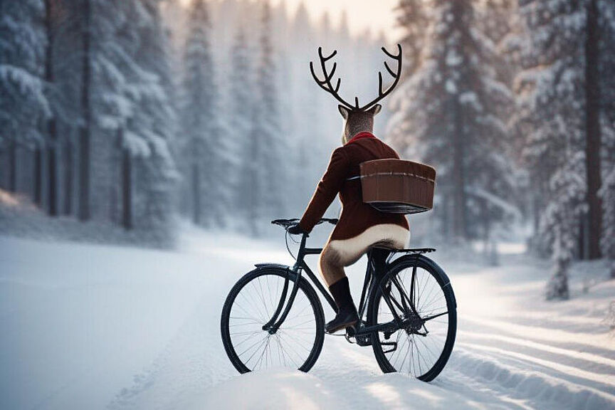 Ein künstliches Rentier Bild erzeugt mit künstlicher Intelligenz: Ein Rentier auf einem Fahrrad in einem winterlich verschneiten Wald