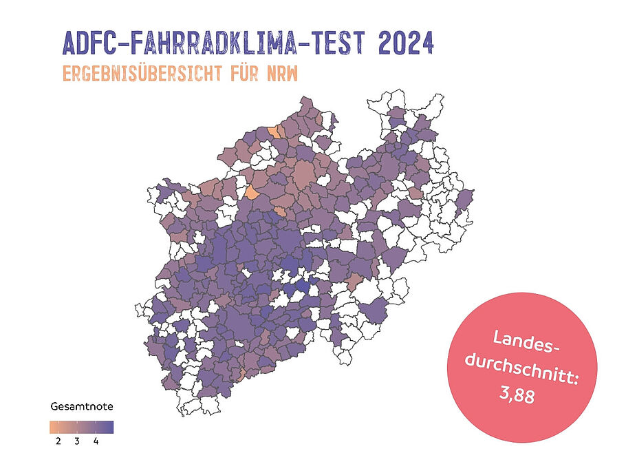 Übersichtskarte NRW für den ADFC-Fahrradklima-Test 2024 Übersichtskarte NRW für den ADFC-Fahrradklima-Test 2024 mit Angabe der durchschnittlichen Gesamtnote aller Kommunen in der Auswertung.