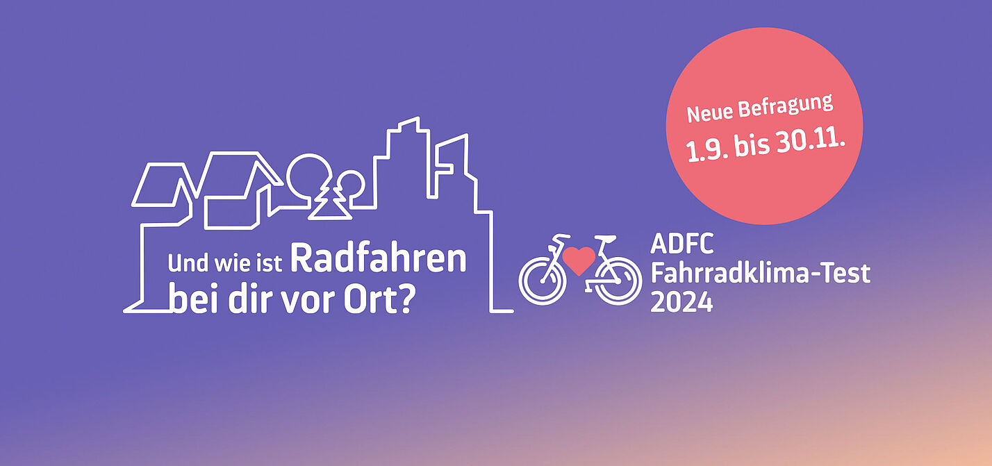 FKT Keyvisual 2024 Keyvisual ADFC Fahrradklima-Test 2024, zeigt die Skyline einer Stadt mit einem Fahrrad